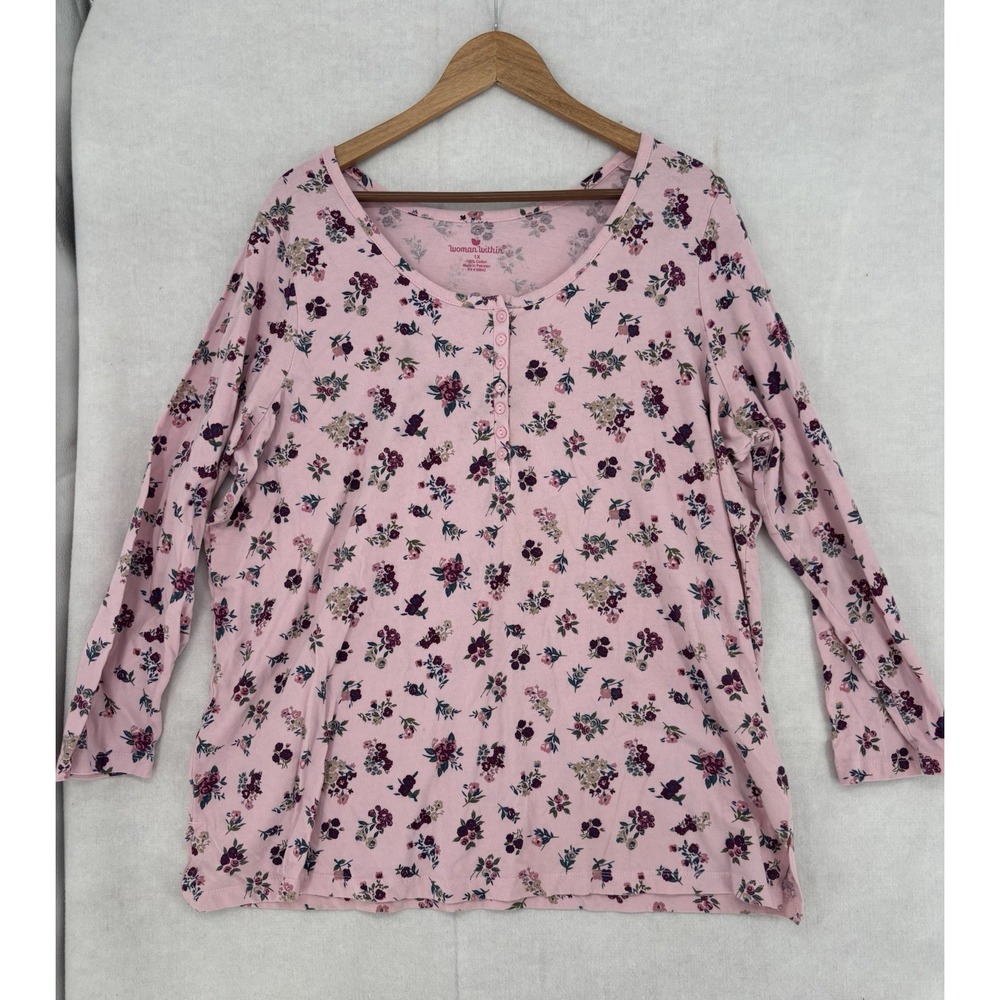 Woman Within Pink  Floral Henley Sz 1X  Pullover Button Casual Feminine Capsule